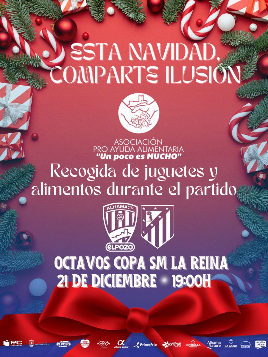 𝗘𝘀𝘁𝗮 𝗡𝗮𝘃𝗶𝗱𝗮𝗱 𝗖𝗼𝗺𝗽𝗮𝗿𝘁𝗲 𝗜𝗹𝘂𝘀𝗶ó𝗻 🎁🎅🏻

Desde el Alhama CF y la Asociación Proayuda Un Poco es Mucho ponemos en marcha para nuestro partido de Copa ante el <a href="/AtletiFemenino/">Atlético de Madrid Femenino</a> una recogida de juguetes y alimentos para los más necesitados.

📍El punto de recogida