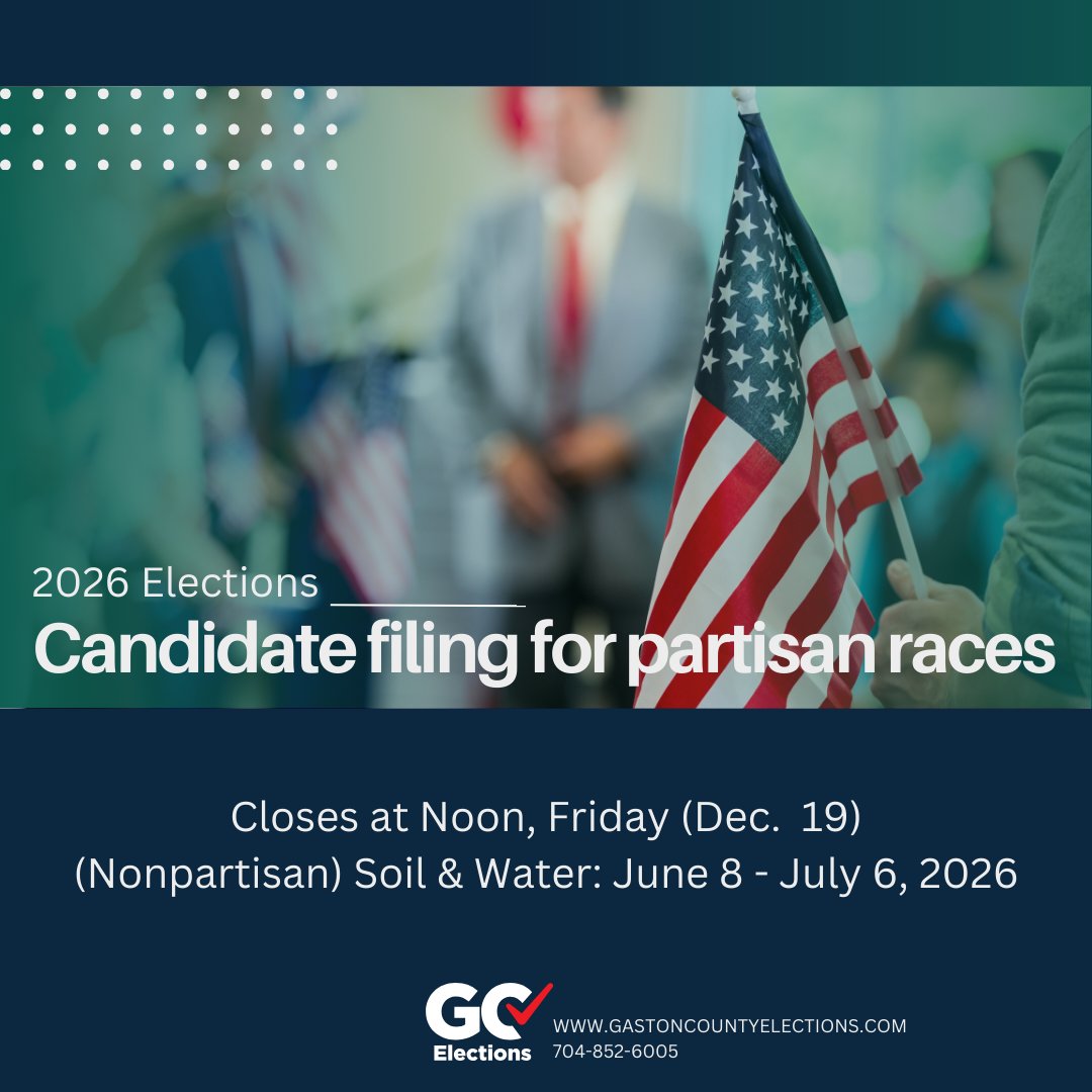 Those interested in running for a partisan office in 2026 have until noon on Friday (Dec. 19) to file.  Find more on our website, or phone 704-852-6005 with questions.