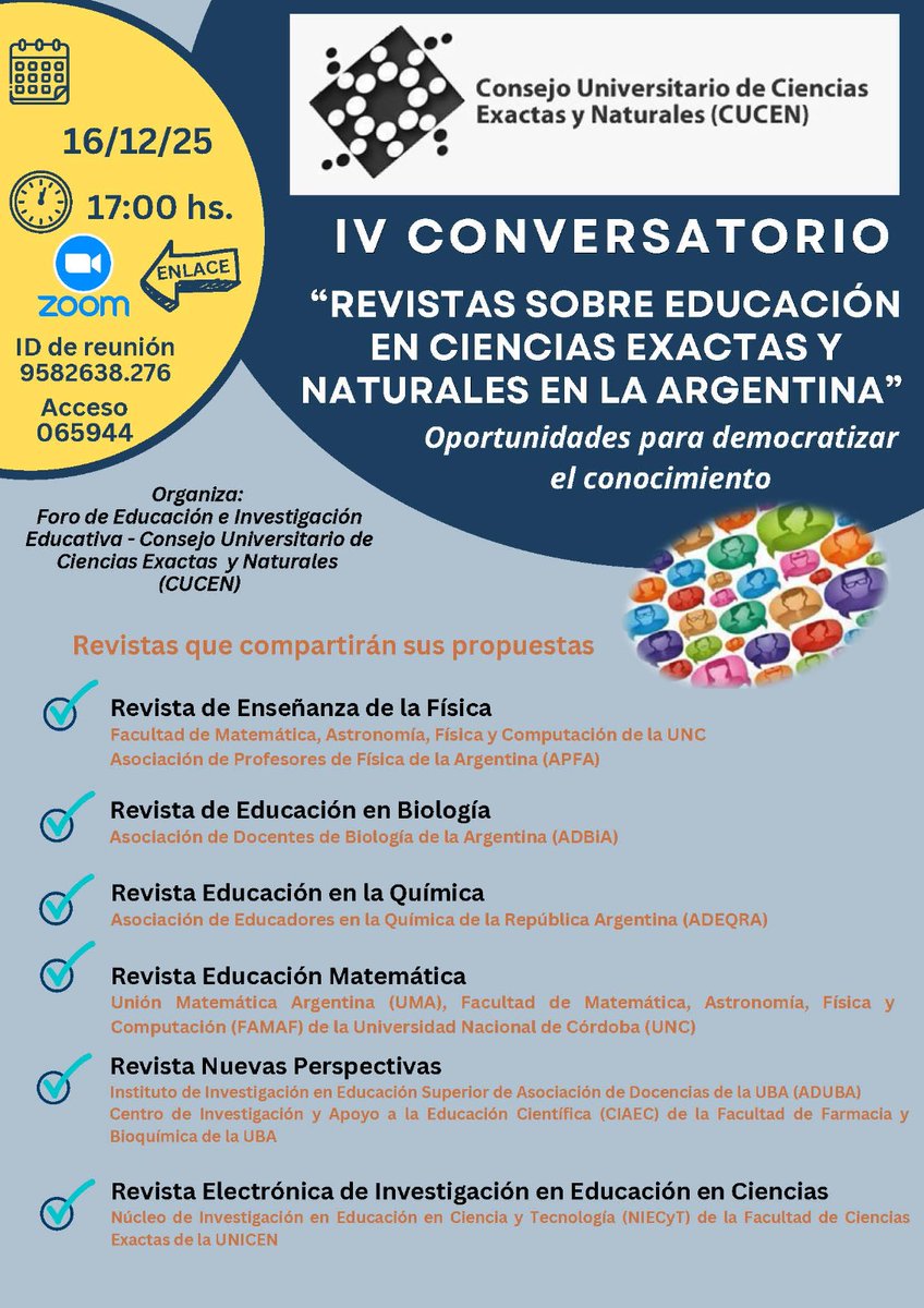 Mañana, martes 16/12 a las 17:00 hs, la Revista de Educación Matemática de <a href="/umanoticias/">UMA</a> y <a href="/famaf_unc/">FAMAF UNC</a> participa de este conversatorio organizado por el Consejo Universitario de Ciencias Exactas y Naturales (CUCEN). 

#RevEM #CUCEN #UMA #EducacionEnCiencias
