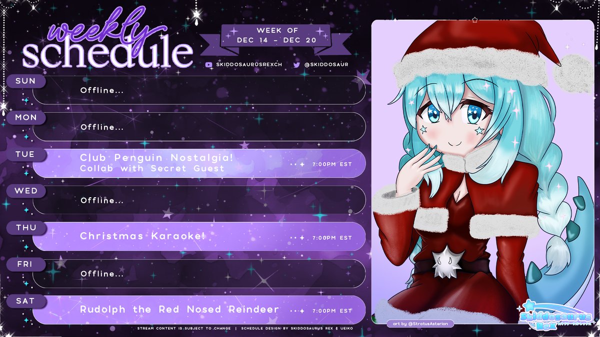 Happy Monday, Dinos! Here is the schedule for the week. We have some fun things planned, so be sure to stop by!! Wonder who the secret guest is....   

See you there!!~ o7