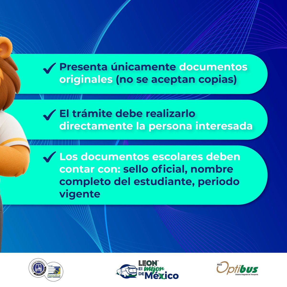 Cumplir con los requisitos es muy sencillo 💳💚​
 Solo presenta tus documentos originales, realiza el trámite personalmente y asegúrate de que los documentos escolares cuenten con sello oficial y periodo vigente.​

#PagoBus #TarjetaPagoBus