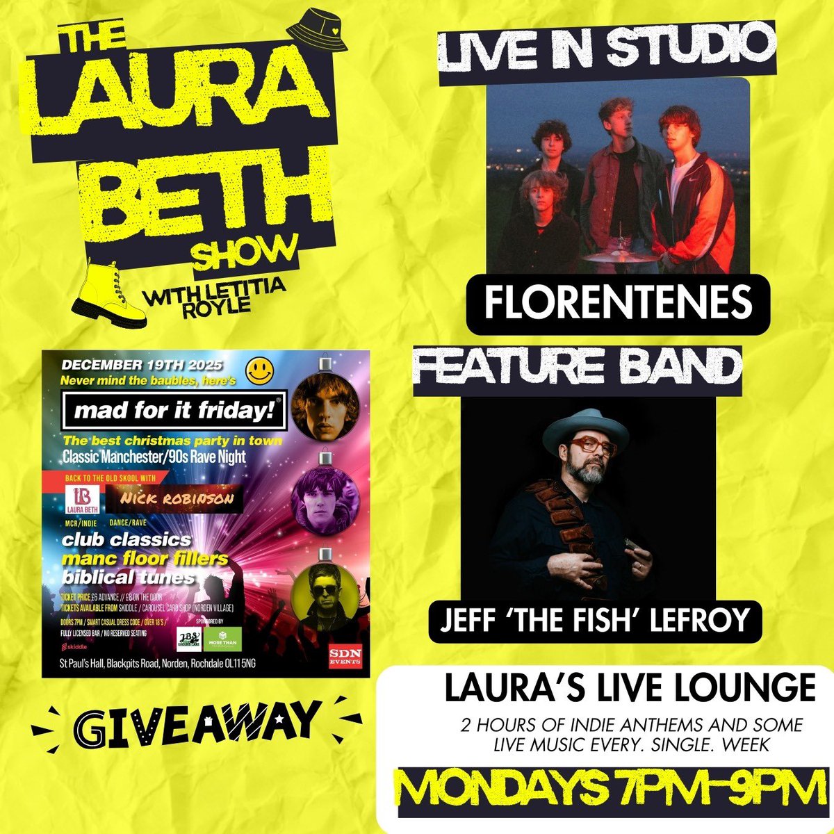 LauraBethReal's tweet image. Tune into The Laura Beth Show tonight at 7pm on @tamesideradio to hear @florentenes live in the studio, the 60 second profile from @jeff_the_fish the gig guide from @LetitiaRoyle we’ll also be giving away tickets to @sdnevent MAD for it FRIDAY!! tamesideradio.com