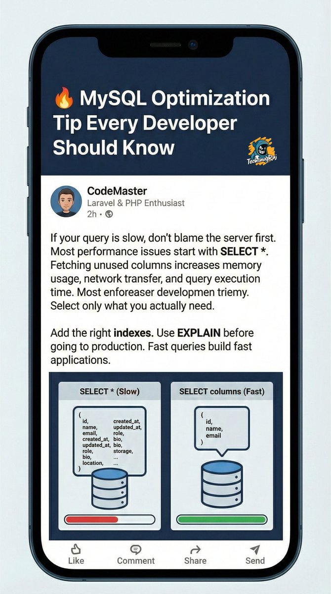 TechsavyRaj's tweet image. 🔥 MySQL Optimization Tip Every Developer Should Know

#MySQL #DatabaseOptimization #BackendDevelopment #PHP #Laravel #CodeIgniter #Performance #SaaS #WebDevelopment