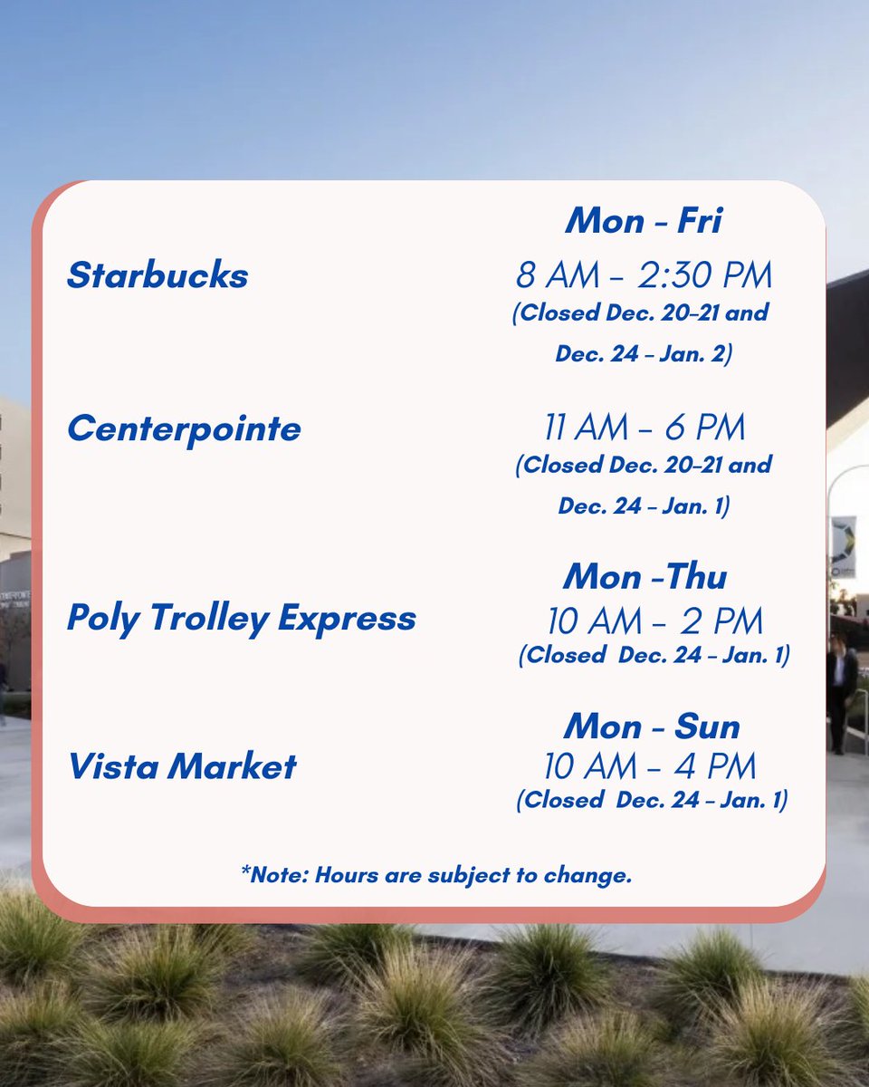 cppdining's tweet image. Winter Break is finally here, Broncos! ❄️ Be sure to check our hours before stopping by campus!

*Note: Hours may change. Check the 🔗 in our bio for the latest updates