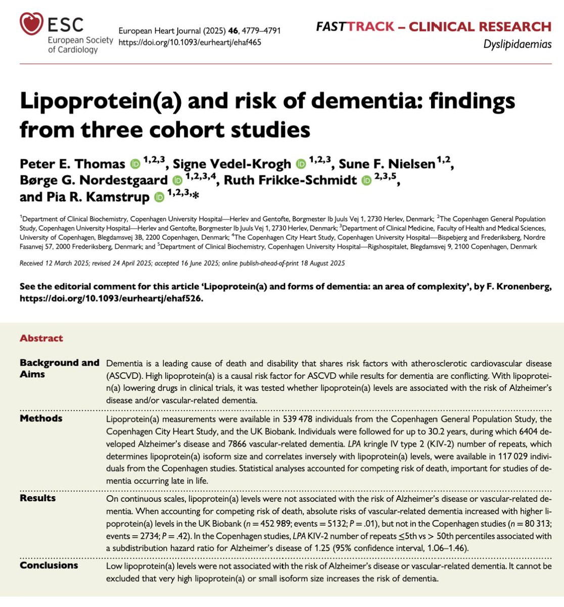 🧠🫀 Does Lipoprotein(a) Increase Dementia Risk? Large Cohort Data Say: Mostly No

With potent Lp(a)-lowering therapies approaching clinical practice, concerns have emerged about potential unintended effects on cognition and dementia. This large study directly addresses that