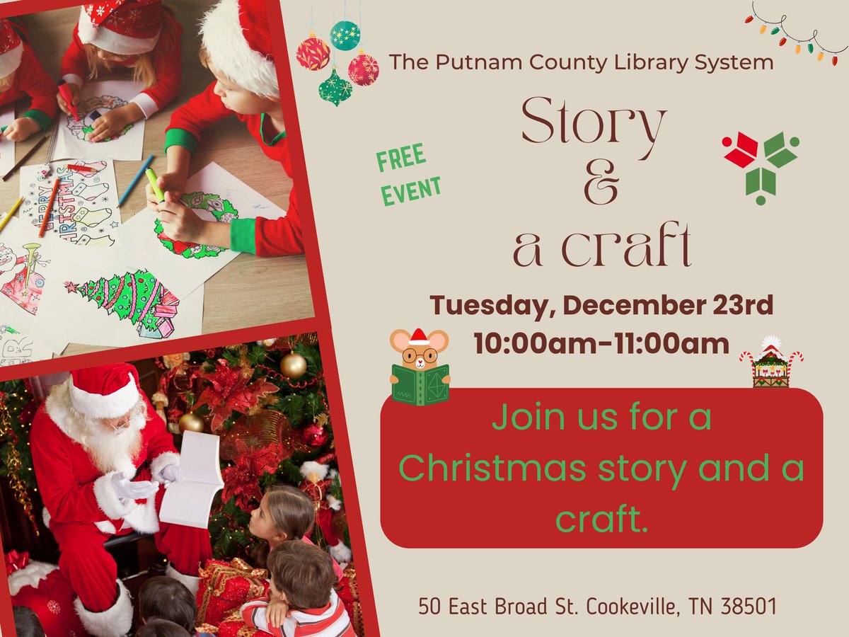 Come to the Cookeville Library Tuesday, December 23rd at 10:00am for our Story &amp; a Craft. We will be reading a Christmas story!
#storytime #MostImportantPlaceInTown #visitcookeville