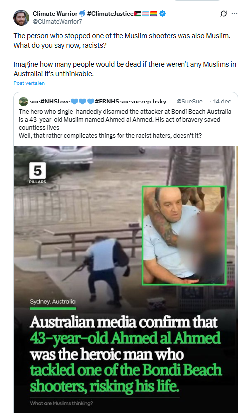 Kan iemand deze meneer vertellen dat er zonder moslims gisteren NIEMAND vermoord was op Bondi Beach.