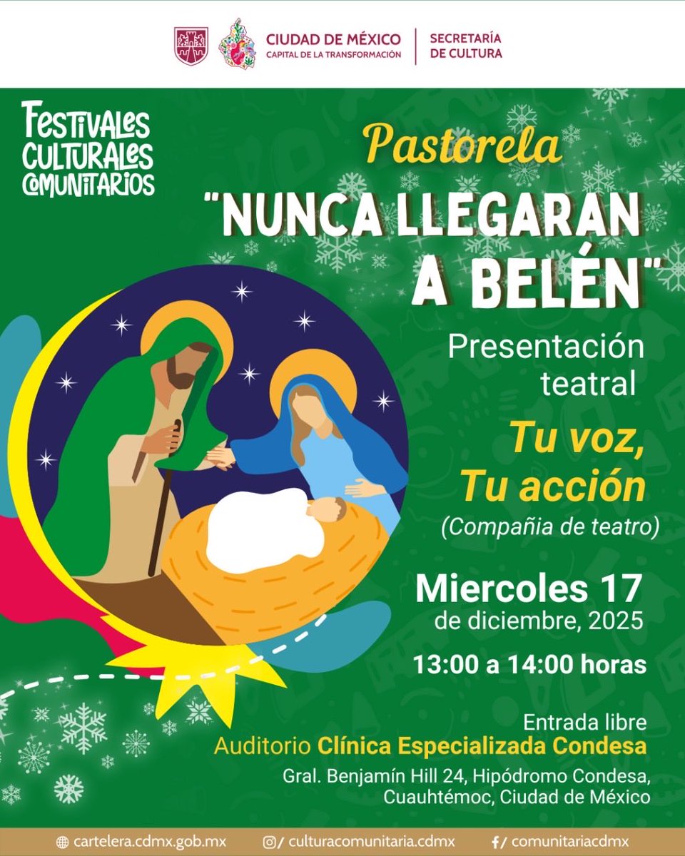 La Clínica Especializada Condesa Cuauhtémoc y Festivales Culturales Comunitarios te invitan a la Pastorela llamada "Núnca Llegarán a Belén" este 17 de diciembre a las 13 Hrs . en el auditorio. Entrada Libre.