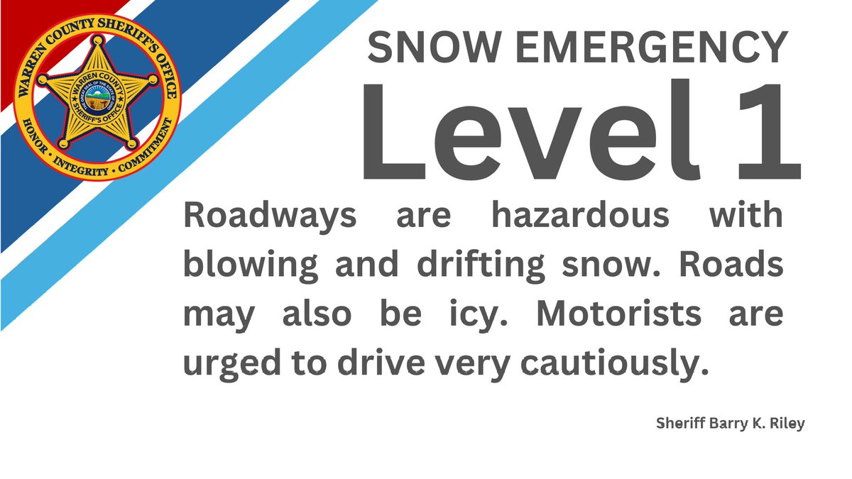 Warren County has downgraded the Snow Emergency to a Level 1.
While the road crews have made progress with clearing roadways, we urge the public to continue to use caution as they travel.