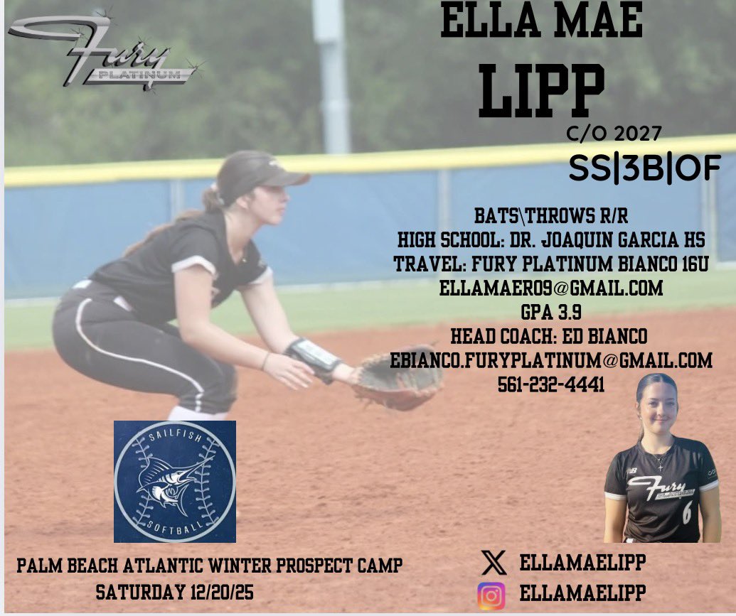 FuryBianco_FL's tweet photo. 🚨Camp Alert 🚨
@EllaMaeLipp(2027– Fury Platinum FL Bianco) is heading to @SailfishSB in West Palm Beach, Fl for their Winter Prospect Camp! A SS and 3B, Ella Mae is eager to showcase her game in front of Coach Kacey and staff. Go show them what you’re made of!!! @FuryPlatinum https://t.co/HsS5mQnFjc