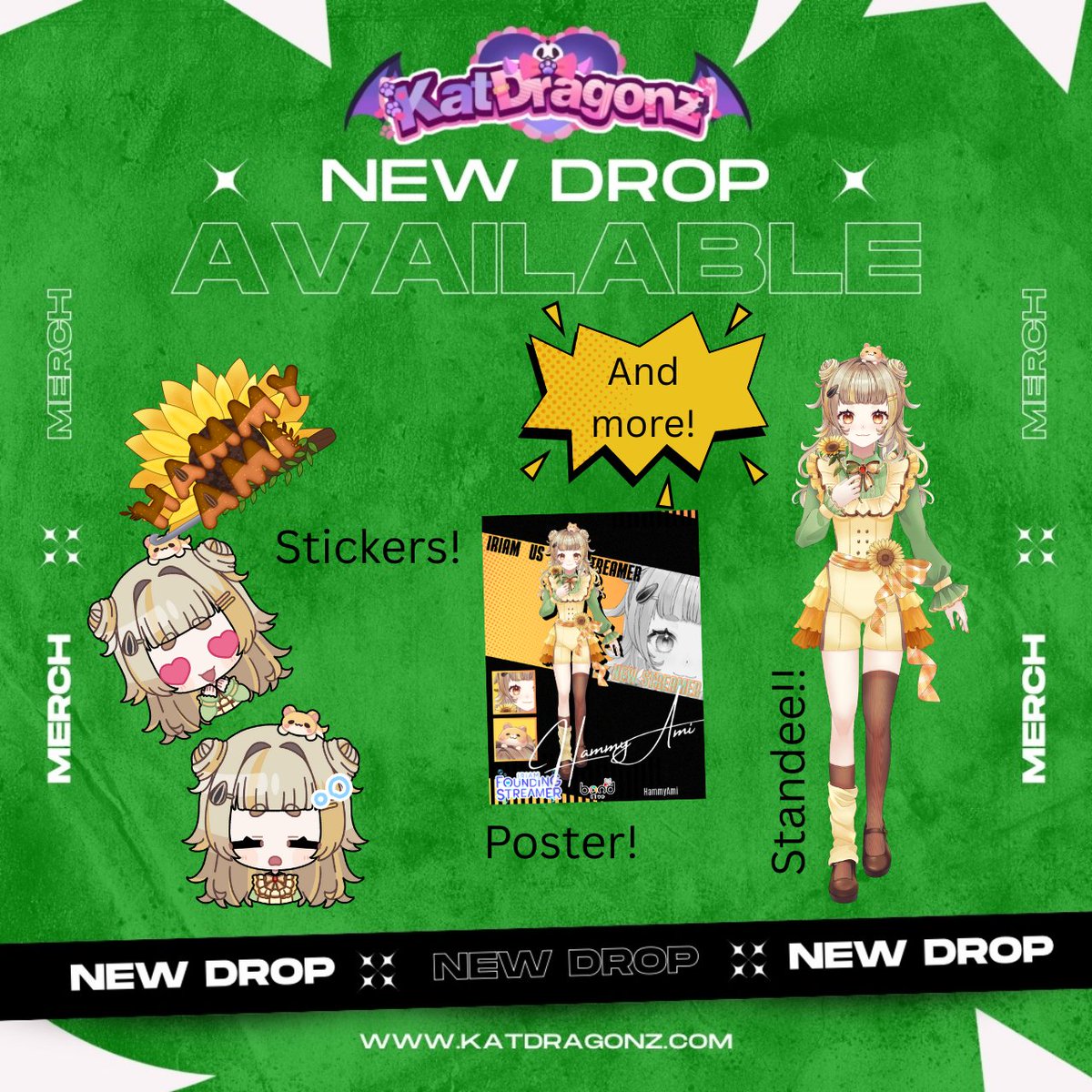 I may have missed my Anniversary but you know what I didn't miss! A new merch drop! Finally <3 Hosted by the lovely <a href="/KatDragonzShop/">KatDragonz | Vtuber Merch Hub</a> ! 
katdragonz.com/collections/ha… 
Used code HAMMYAMI for 10% off! The Site is live now! 
Standee available soon >w<