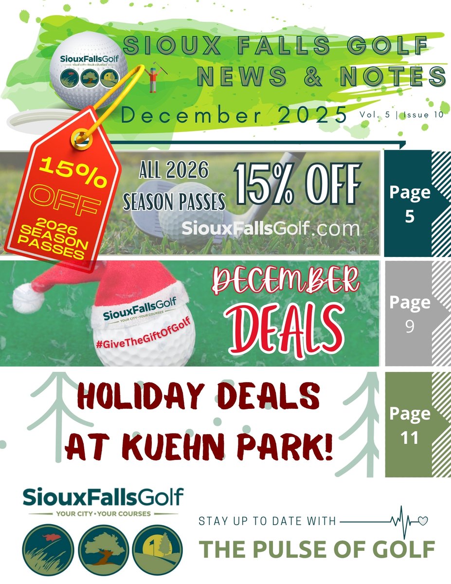 siouxfallsgolf's tweet image. Sioux Falls Golf News &amp;amp; Notes | December 2025
Click to start flippin': anyflip.com/jsyjm/bhxq/

This month YOUR Newsletter is JAM-PACKED with everything you need to know about what is coming up over the next 30 days at YOUR City Courses!
#SFGolf #WeAreGolf #NewsAndNotes