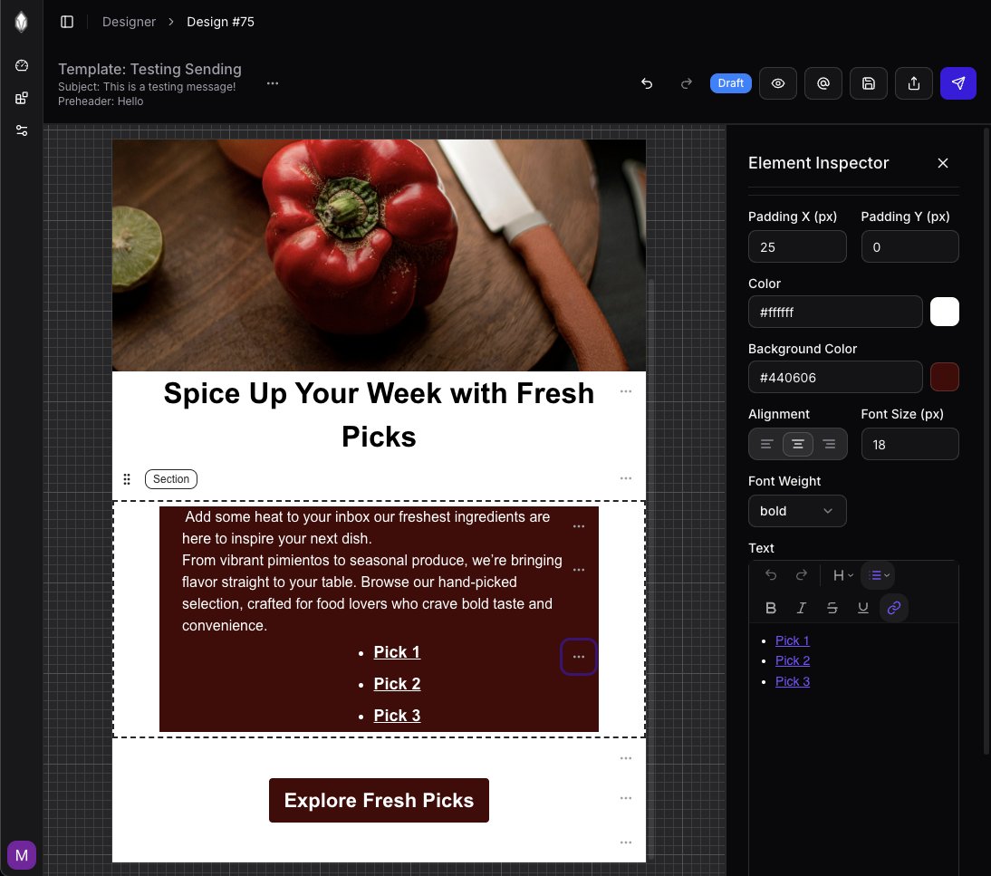maiiloio's tweet photo. Text Lists Support

Added support for unordered and ordered lists inside the Text element.

Lists are preserved across:
• the designer
• the renderer
• exported HTML

No more broken bullets. https://t.co/Ozlfs3BhJW