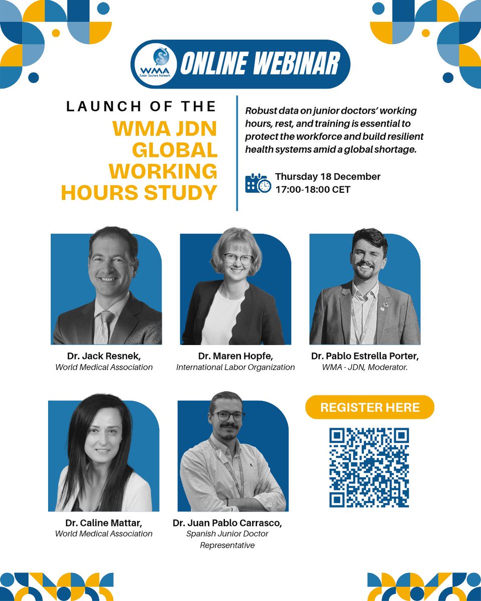 WMAJDN's tweet image. Launching the JDN Global Working Hours Study 🩺
We’re kicking off the dtudy with a dedicated webinar addressing why data on junior doctors’ working hours, rest &amp;amp; training conditions is critical amid the health workforce crisis.
📲Register here: us06web.zoom.us/meeting/regist…