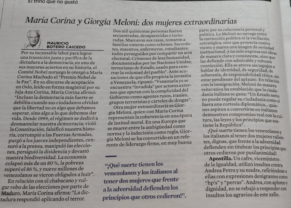 Les comparto esta columna en el <a href="/elespectador/">El Espectador</a> del fin de semana sobre <a href="/MariaCorinaYA/">María Corina Machado</a>  y <a href="/GiorgiaMeloni/">Giorgia Meloni</a>