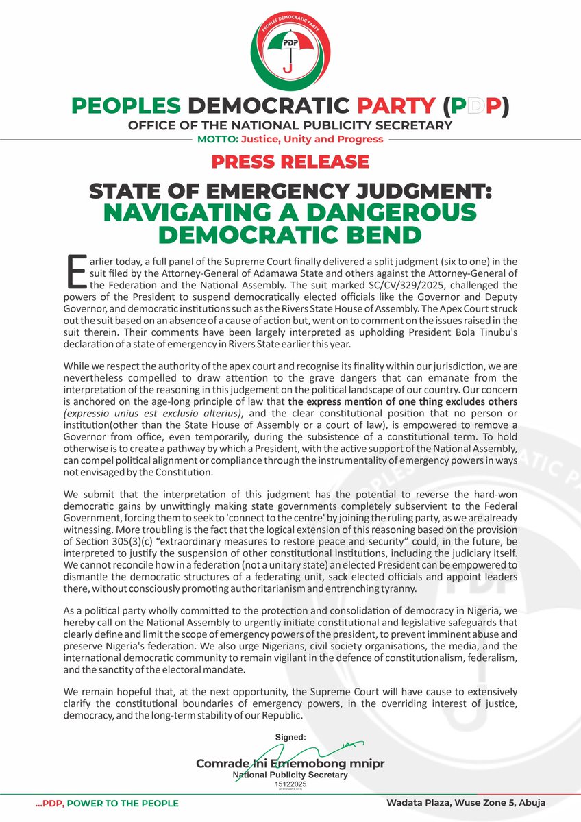 OfficialPDPNig's tweet image. Press Release

STATE OF EMERGENCY JUDGMENT: NAVIGATING A DANGEROUS DEMOCRATIC BEND
 
Earlier today, a full panel of the Supreme Court finally delivered a split judgment (six to one) in the suit filed by the Attorney-General of Adamawa State and others against the Attorney-General…