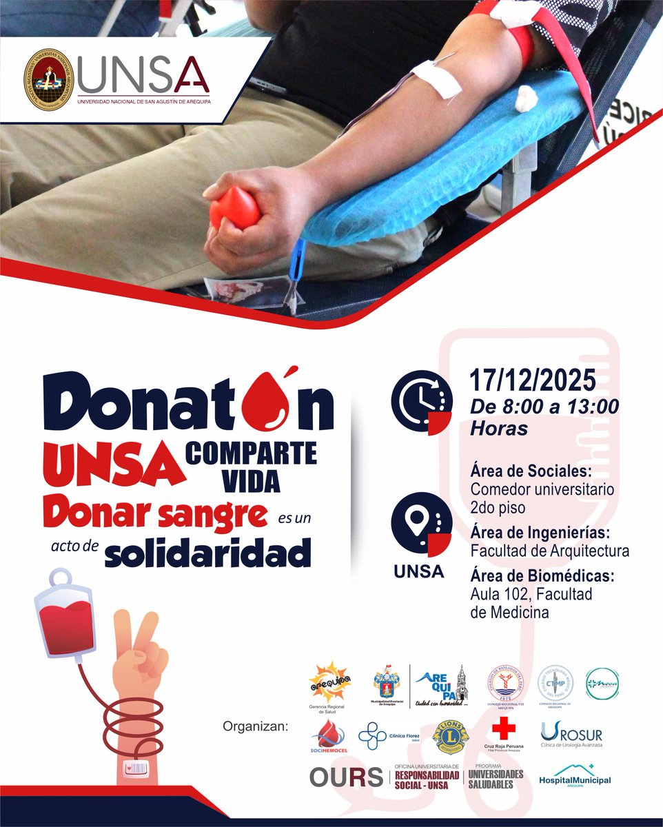🩸DONATÓN UNSA COMPARTE VIDA | Tu solidaridad puede salvar vidas🩸

Este 17 de diciembre, dona y comparte el regalo más valioso: la vida 🙌

LUGAR:
- Área de Sociales
- Área de Ingenierías
- Área de Biomédicas
