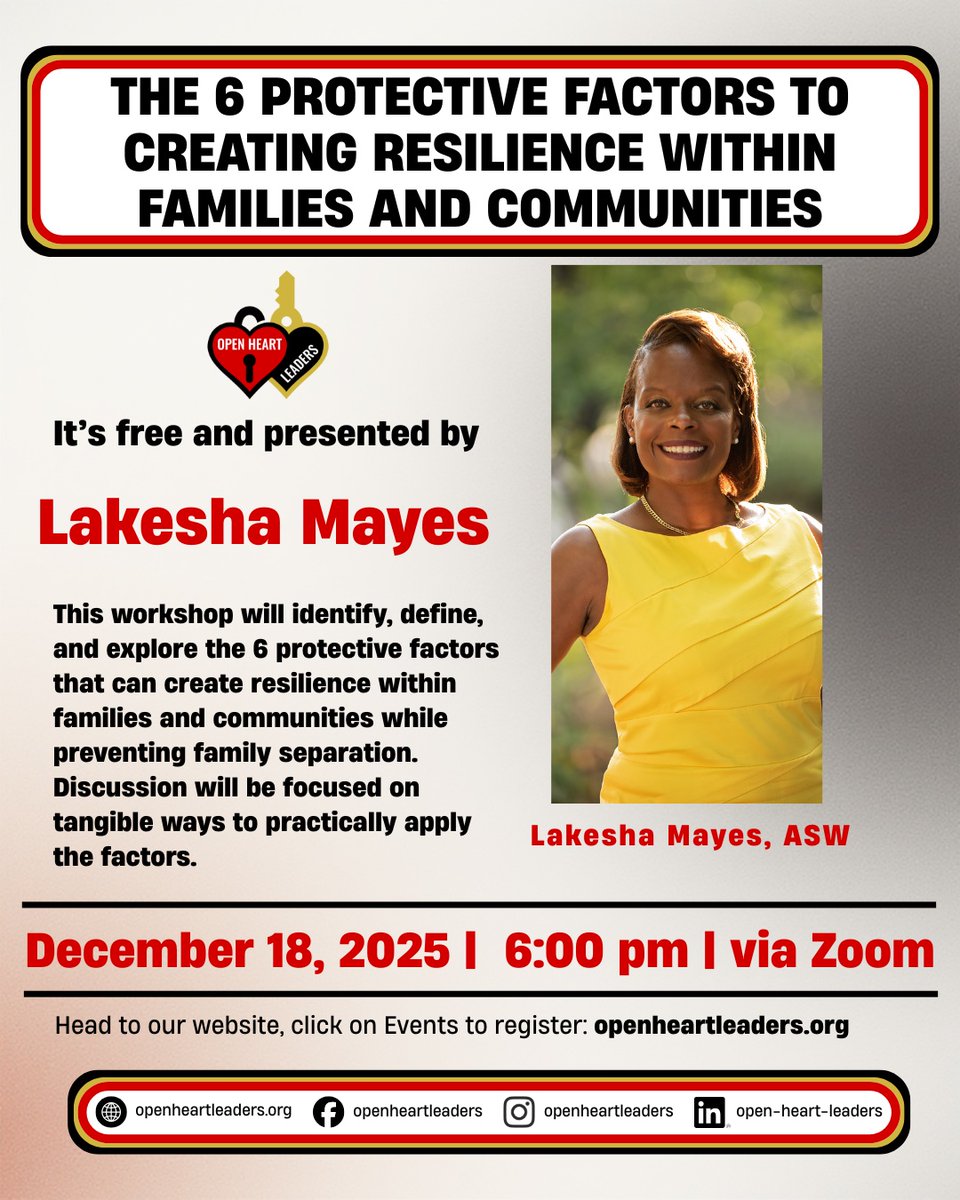 OpenHeartLeader's tweet photo. Join Kesha Mayes, Associate Clinical Social Worker, for The 6 Protective Factors to Creating Resilience Within Families and Communities. 

Register at: https://t.co/WHloRiTnvf

#OpenHeartLeaders #HealingCommunities https://t.co/AnyQpANlIq