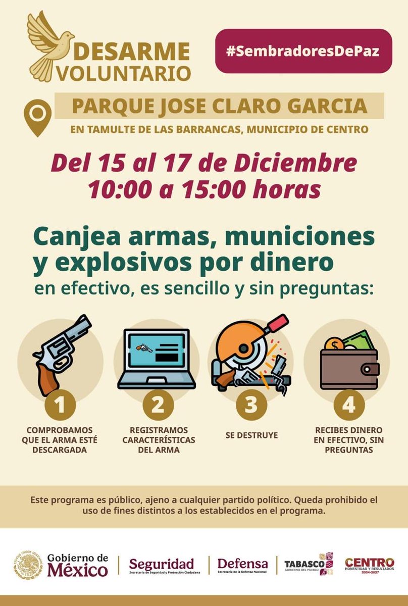 Participa en la jornada Desarme Voluntario mediante el canje de armas de fuego por dinero en efectivo, a cargo de <a href="/Defensamx1/">@Defensamx</a>. Este intercambio se efectuará en el Parque José Claro García, en la Col. Tamulté de Las Barrancas del 15 al 17 de diciembre.
⏰10:00 a 15:00 h
Aquí los