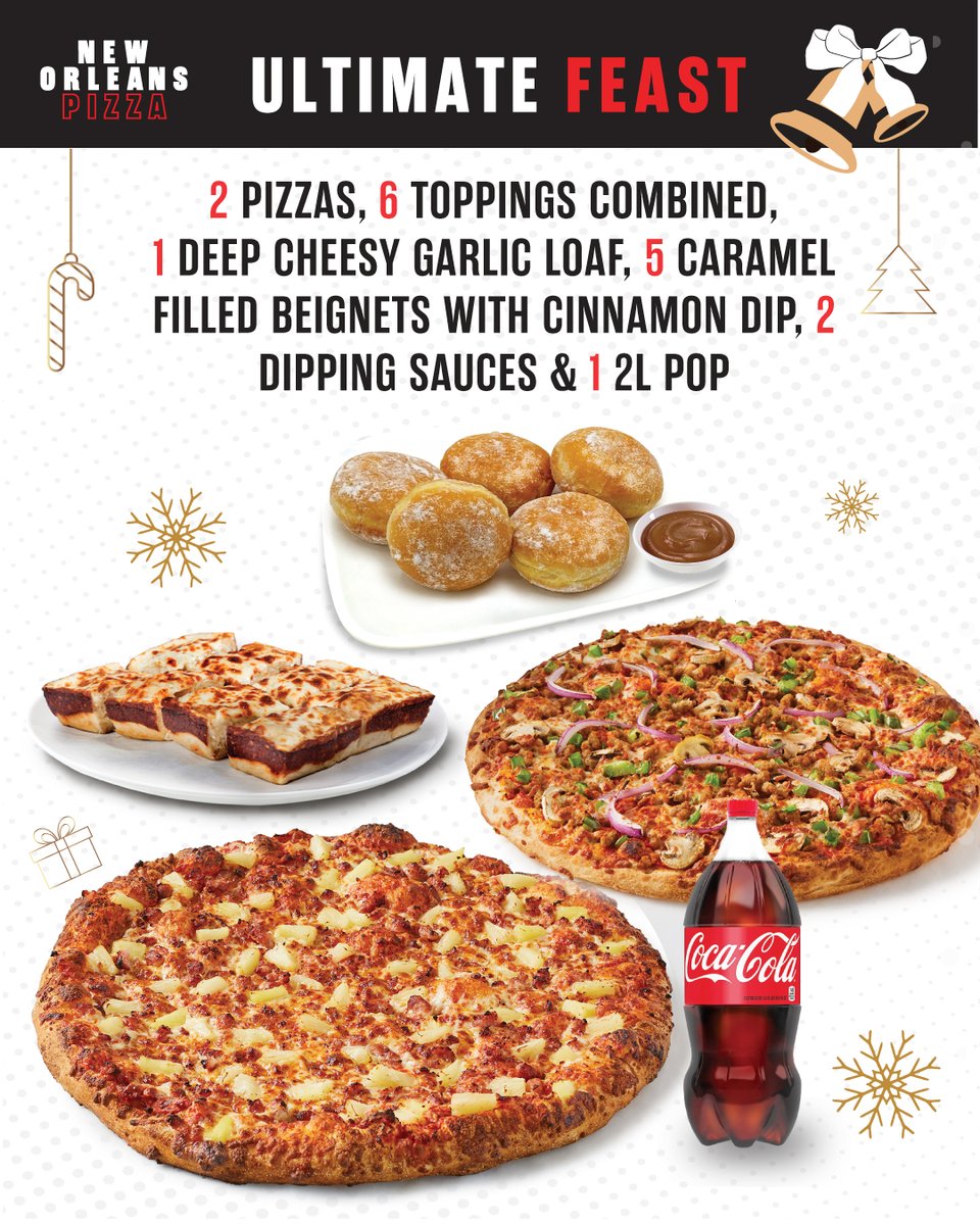 🎉 FEED THE WHOLE CREW FOR $33.99!

Our Ultimate Feast Combo delivers BIG:
✔️ 2 Pizzas (6 toppings combined)
✔️ 1 Garlic Loaf
✔️ 5 Caramel-Filled Beignets
✔️ 2 Dips
✔️ 1 Large 2L Pop

A full spread for parties, movie nights, or weekend chill time.
.
.
#holidaycombo #pizzadelivery