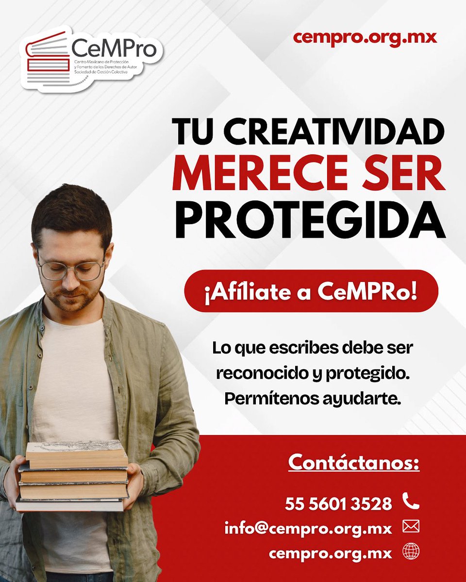 En CeMPro trabajamos contigo para proteger tus derechos de autor, gestionar el uso legal de tus obras y fortalecer tu carrera como escritor(a).

No esperes más y contáctanos 😉