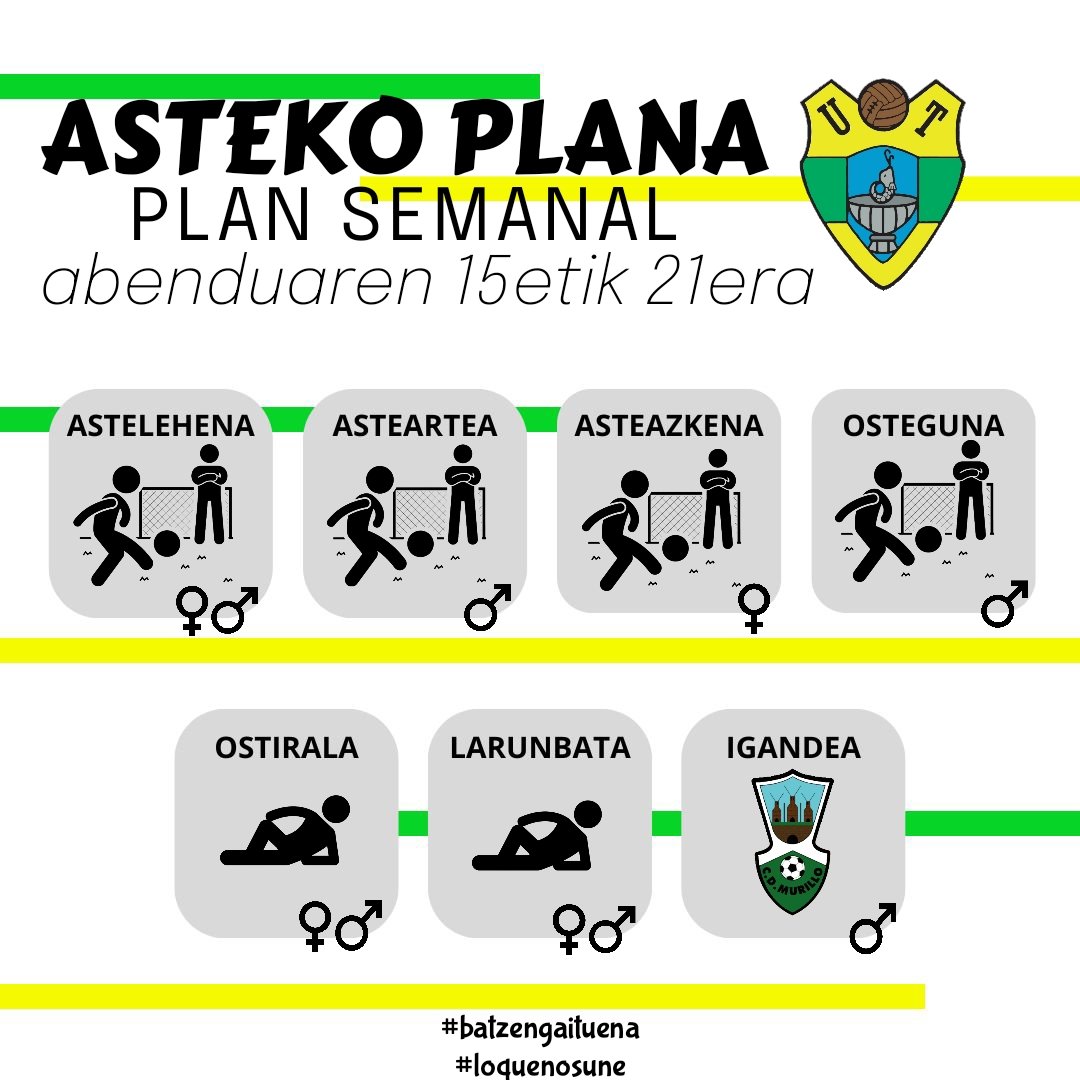 🏋🏻‍♂️🏋🏻‍♀ Aste berria, erronka berriak. Hona hemen gure taldeen asteroko plana.

🏋🏻‍♂️ 🏋🏻‍♀Nueva semana, nuevos retos. Aquí tenemos el plan semanal de nuestros equipos.

👊🏿 Goazen neska-mutilak!

#batzengaituena 🔰
#loquenosune 🔰