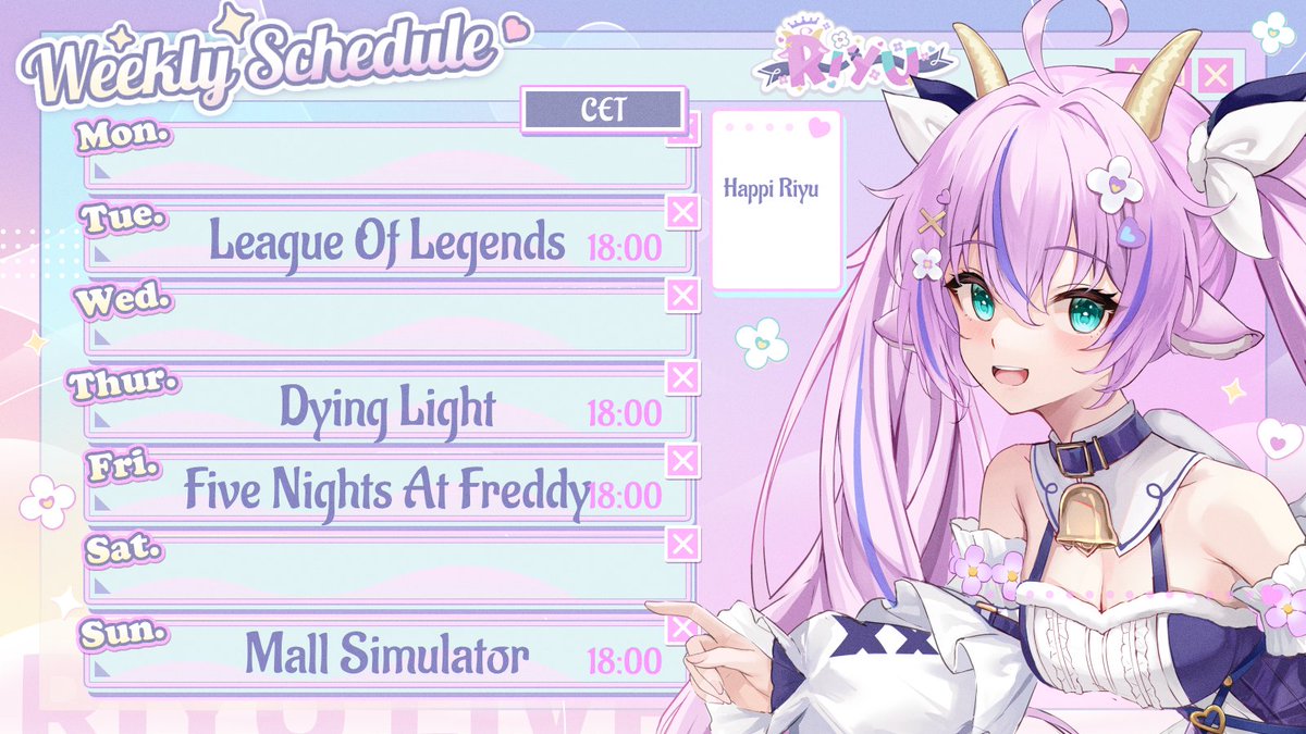 - Weekly Schedule- 

LEAGUE OF LEGENDS - URF TIME

Dying light THE FOLLOWING - DRIVING

Five nights at freddys - first time!

Mall Simulator - YAP YAP