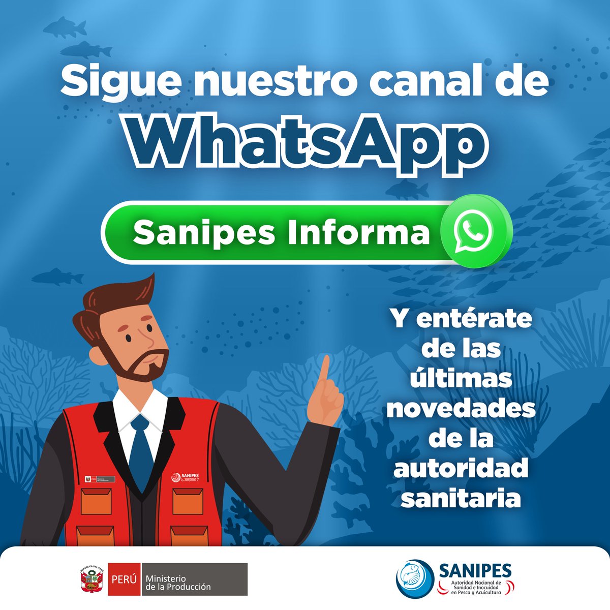 📣 ¡Atención! | 📲 Suscríbete a nuestro canal de #WhatsApp y conocerás todo sobre las últimas noticias del sector pesquero y acuícola, así como de las actividades realizadas por #Sanipes. ✅

🌐 bit.ly/40MIKnu