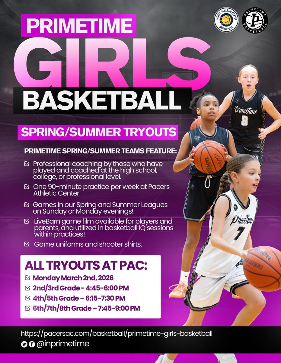 INPrimetime's tweet image. Girls Primetime Tryouts | March 2 ✏️🗓️

pacersac.com/basketball/pri…