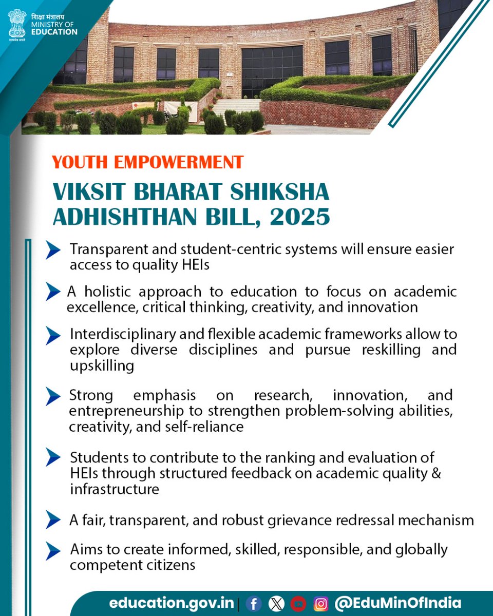 Youth Empowerment: Viksit Bharat Shiksha Adhishthan Bill, 2025

The Viksit Bharat Shiksha Adhishthan Bill, 2025 places youth empowerment at the centre of higher education reform by creating a system that is student-centric, future-ready and opportunity-driven. By ensuring high