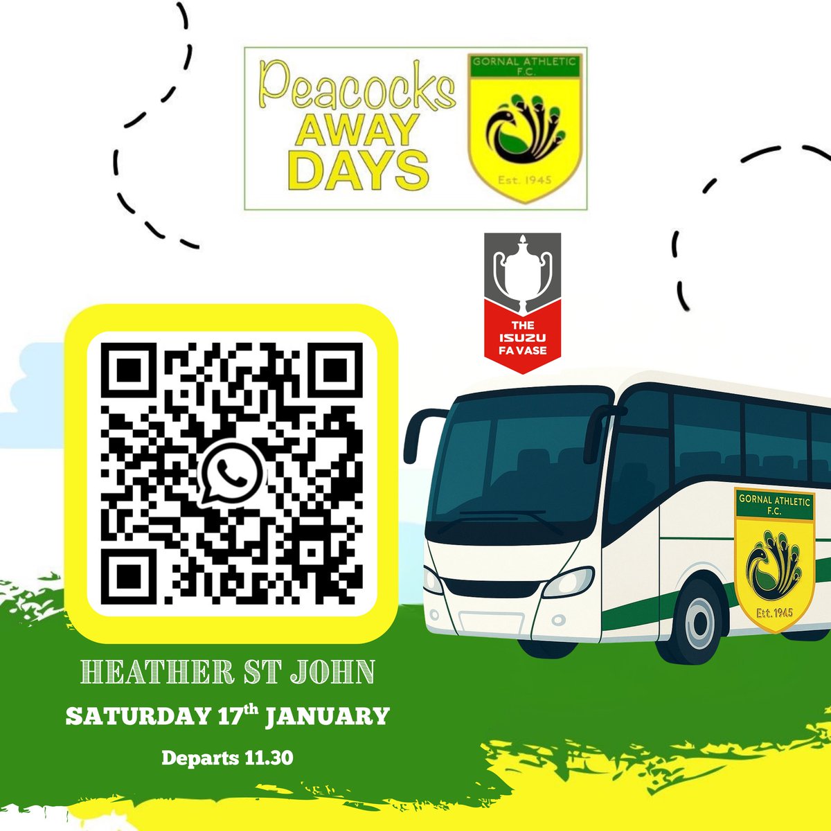 GornalAyWe's tweet image. 🦚 Peacocks Away Days 🚌
⚽🏆Isuzu FA Vase – 4th Round Proper

Join the player’s on the road as the Peacocks head to Heather St John in the FA Vase 4th Round Proper 🏆

📅 Saturday 17th January
⏰ Coach departs at 11:30am
🎟️ £15 per ticket
📍 Heather St John

Travel in comfort,…