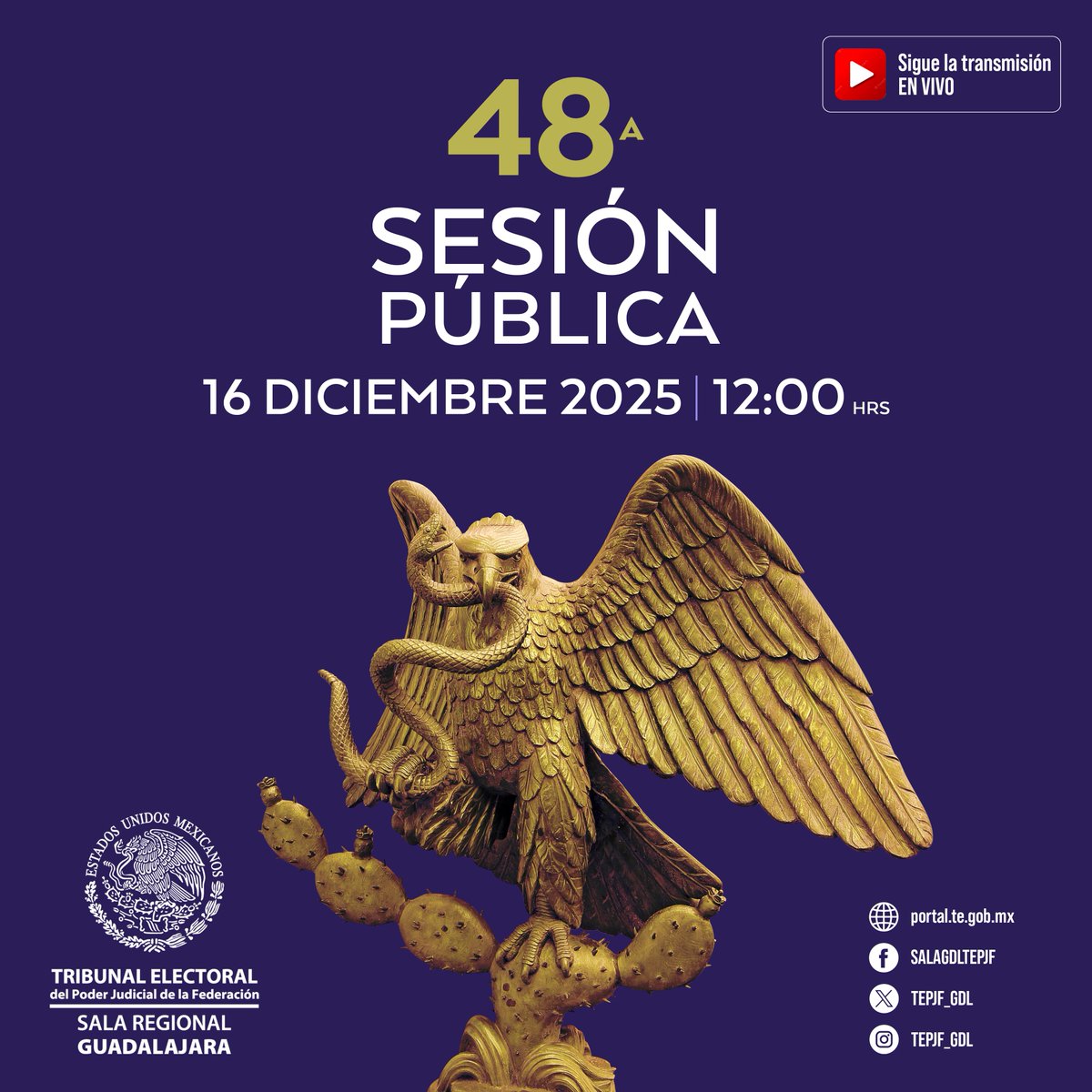 TEPJF_GDL's tweet image. El día de mañana se llevará a cabo la 48ª. Sesión Pública de resolución de la Sala Regional Guadalajara del #TEPJF

Conoce los asuntos a resolver:
te.gob.mx/front3/publicS…

🗓️ 16 de diciembre de 2025
⏰ 12:00 horas