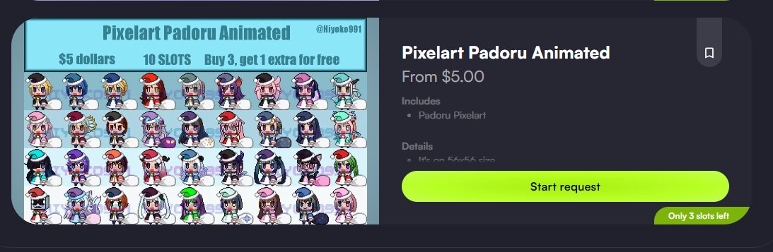 Gente que tal, les aviso que ya cerraré comisiones a partir del 25 de diciembre, así que si alguno quiera comisionarme algo, aún tienen tiempo

Y si quieren reservar, pueden hacerlo también!! n.n 

PD: Con un RT me ayudan para dar alcance!

#VGenComm #pixelart #cursor #padoru