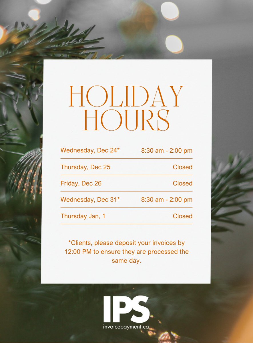 We're making a few changes to our open hours in the coming two weeks. Be sure to check out the updated schedule below.

Clients, please deposit your invoices by 12 PM on early closing days to ensure they are processed the same day.

#Christmas2025 #MondayMotivation