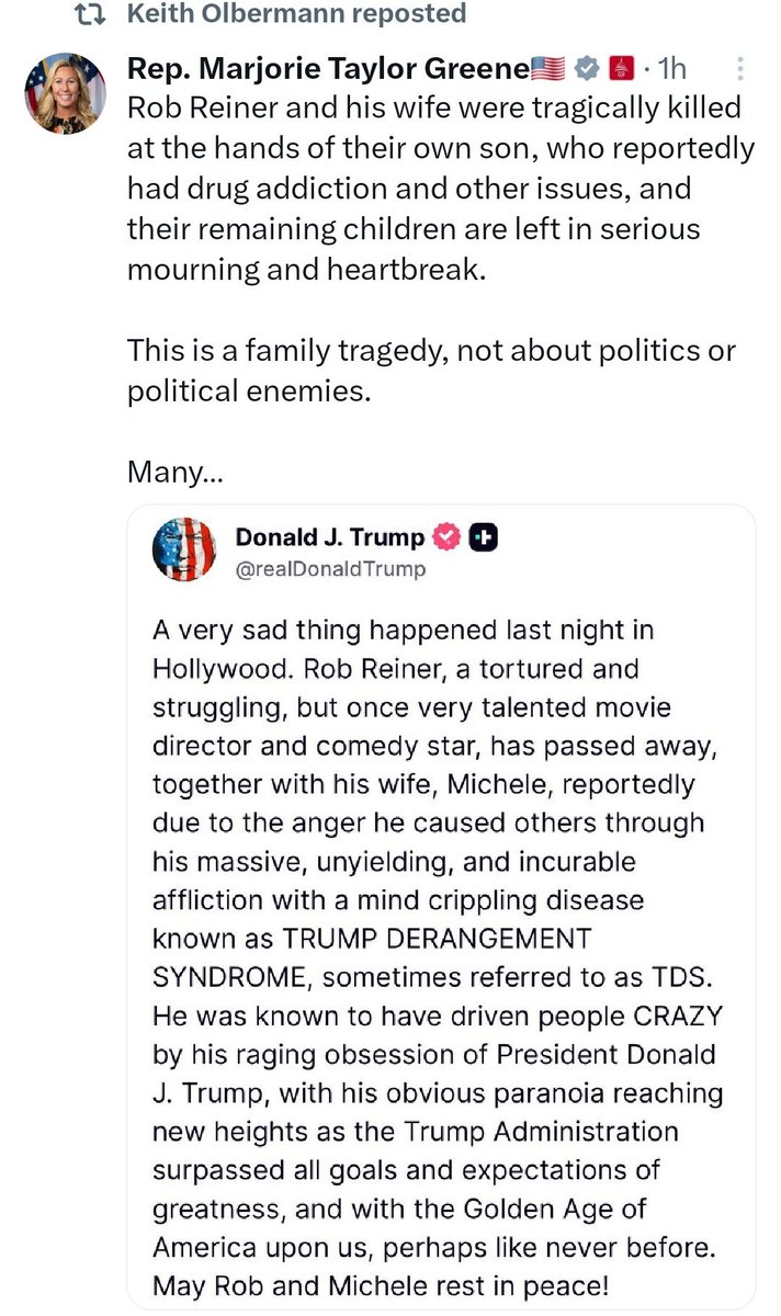 If you are pissed about what President Trump said about Rob Reiner then go ahead and block me now!
The left tried to ki*l him twice!
They tried locking him up!
They did ki*l Charlie Kirk and they all applauded and mocked him.

No issues with his post!