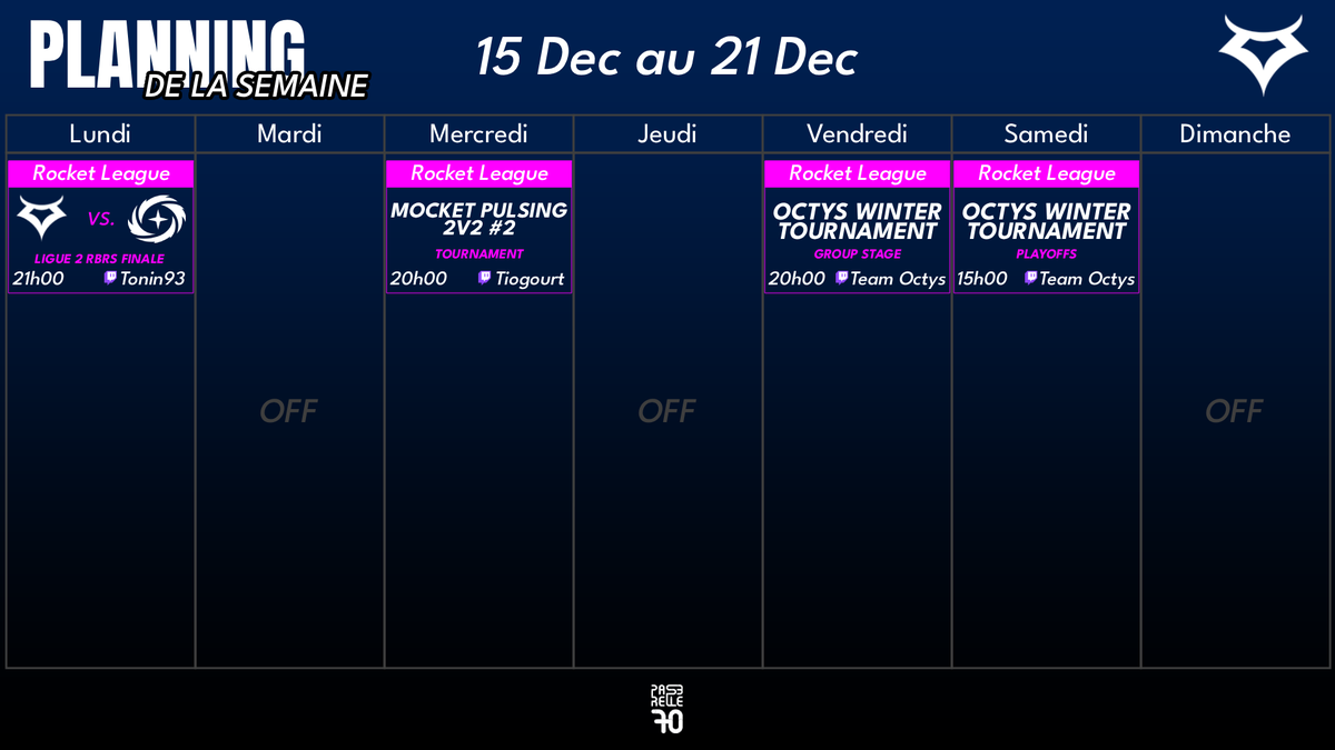 TeamOctys's tweet image. 📅 Planning de la semaine

Au Programme:
🏆 Finale RBRS Ligue 2
🔥 Petit tournoi 2v2
❄️ Fin de l’Octys Winter Tournament

Bonne semaine à tous 💪

#OctysStars 💙