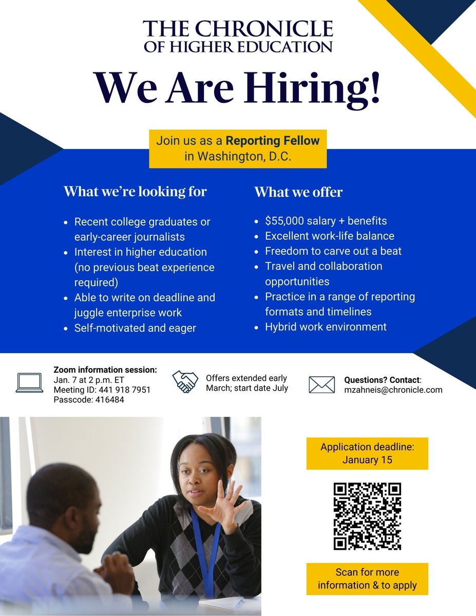 Calling all college journalists and recent or soon-to-be grads: <a href="/chronicle/">The Chronicle of Higher Education</a> is hiring two fellows to join our newsroom in summer 2026. We'd love for you to be one of them.