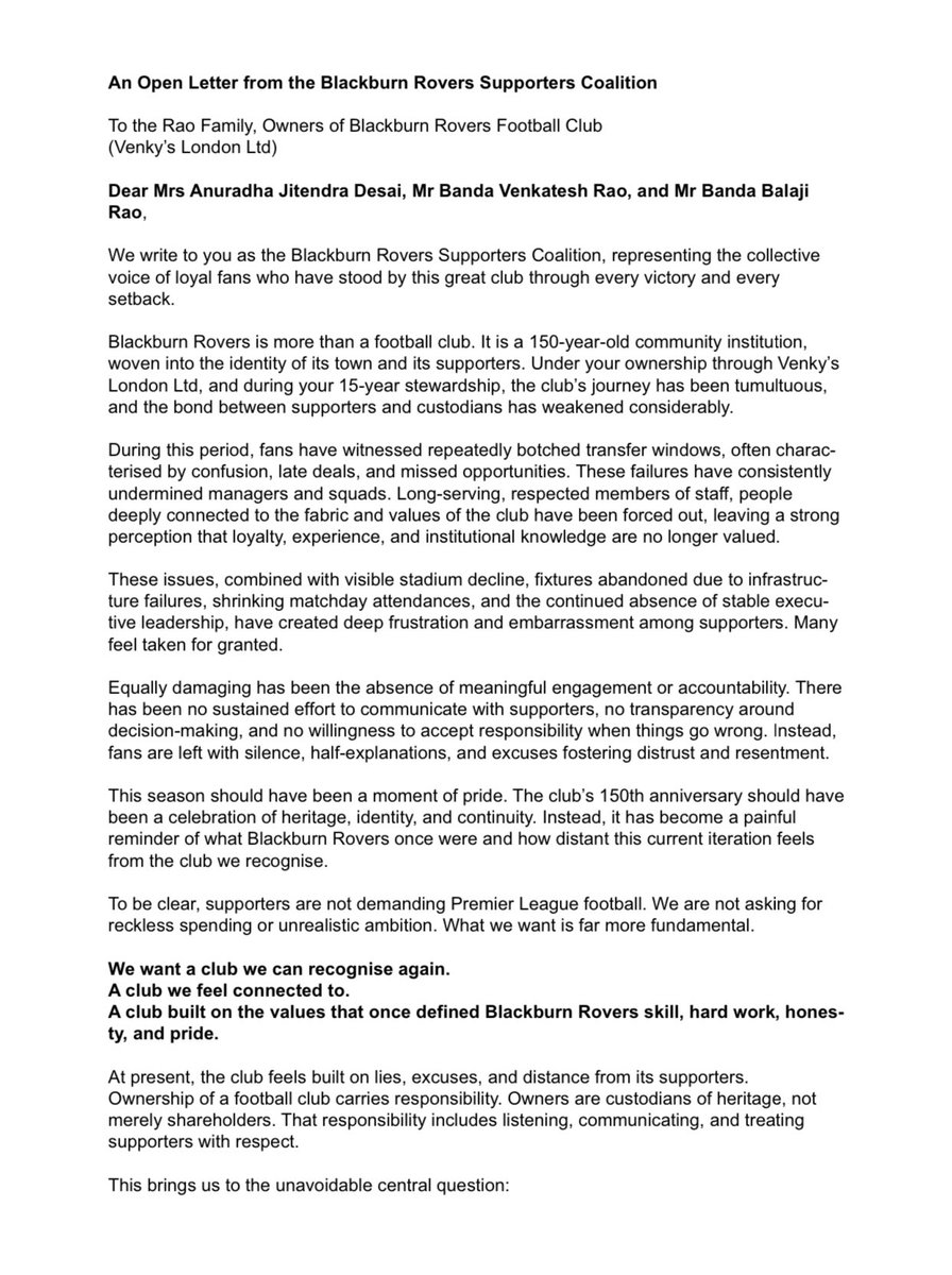 BRFCCoalition's tweet image. The Blackburn #Rovers Supporters Coalition has sent an Open Letter to Venkys &amp;amp; SP calling for the club to be put up for sale.

This will be hard on us all, but until that time we are asking for a phased, strategic boycott of home games.

Further details will follow shortly. 🔵⚪️