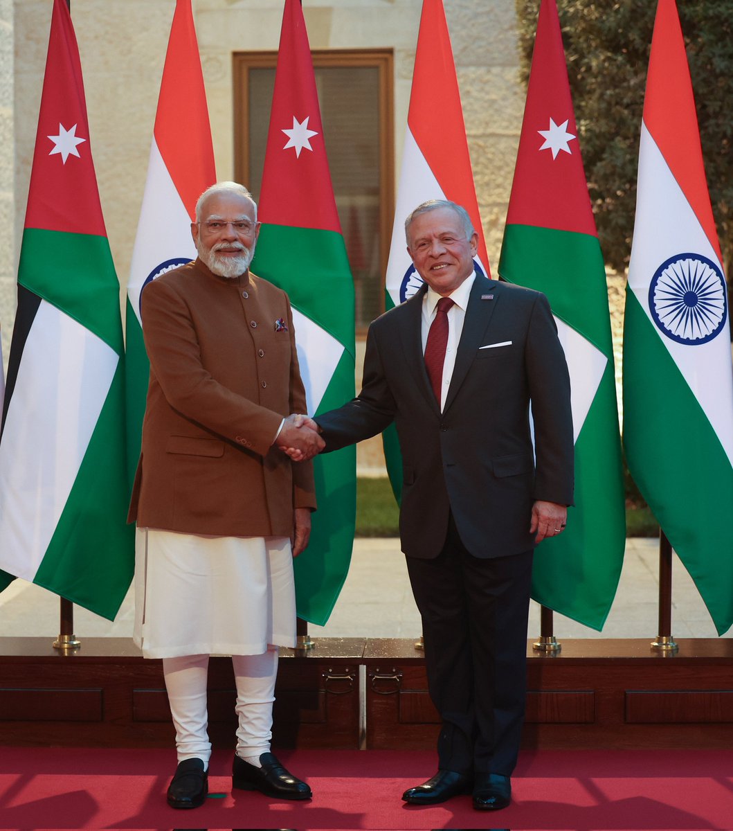PMOIndia's tweet photo. PM @narendramodi held productive discussions with His Majesty @KingAbdullahII in Amman. As the two countries mark 75 years of diplomatic ties, the leaders agreed to move forward with renewed momentum in sectors such as trade, agriculture, healthcare, infrastructure, critical minerals and more.