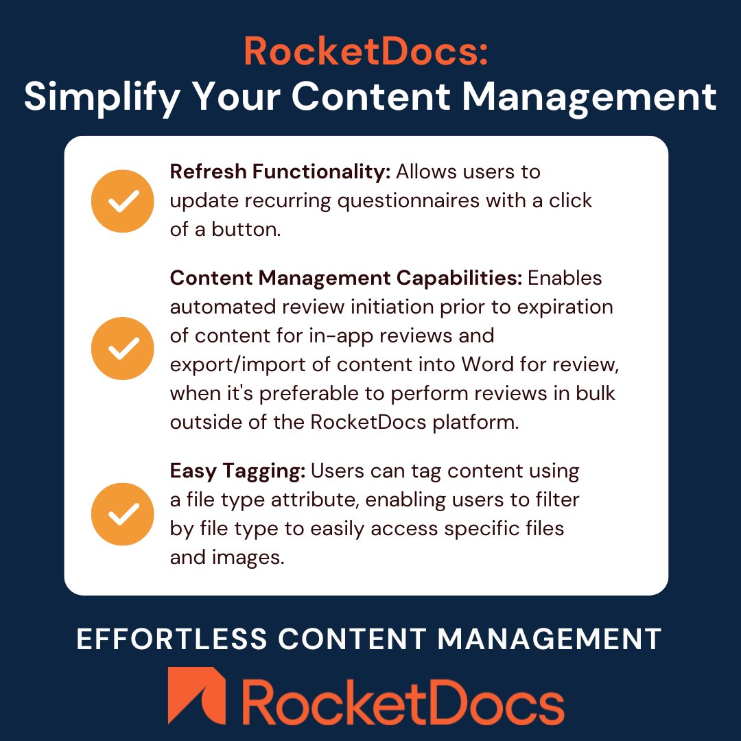 RocketDocs2's tweet photo. Take your content management to the next level with RocketDocs! 
Automate recurring updates with Refresh Functionality
Streamline reviews with Content Management Capabilities
Easily find what you need with Easy Tagging
Say goodbye to tedious tasks and hello to more productivity! https://t.co/idr5GOOirz