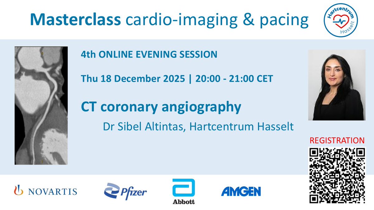 VerwerftJan's tweet photo. Post 1/4
🎥 Masterclass Cardio-Imaging &amp; Pacing
📅 Next Thu 18 Dec 2025 | 20:00–21:00 CET
🫀 CT Coronary Angiography
 🎙 Dr Sibel Altintas (Hartcentrum Hasselt)

4th online evening session of the Masterclass series.
🌍 Online | English | Free registration
#CTCA #Masterclass https://t.co/grpkK5pdTZ