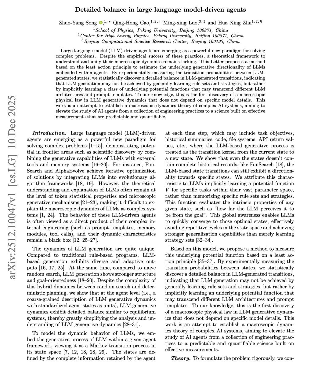 omarsar0's tweet image. This new paper is wild!

It suggests that LLM-based agents operate according to macroscopic physical laws, similar to how particles behave in thermodynamic systems.

And it looks like it's a discovery that applies across models.

LLM agents work really well on different domains,…
