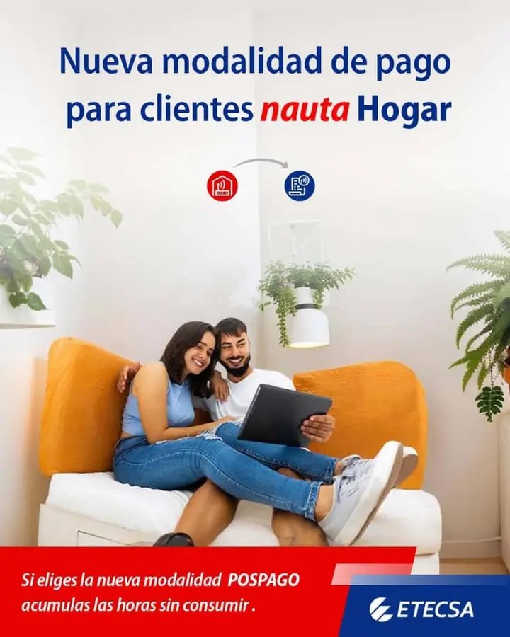 ¡Gran noticia para usuarios de #NautaHogar en Cuba! ETECSA lanza una nueva modalidad pospago que permite acumular hasta 1,080 horas no consumidas. Esto ofrece mayor flexibilidad y aprovecha mejor el servicio.Para cambiar a esta opción, visita la oficina comercial correspondiente.