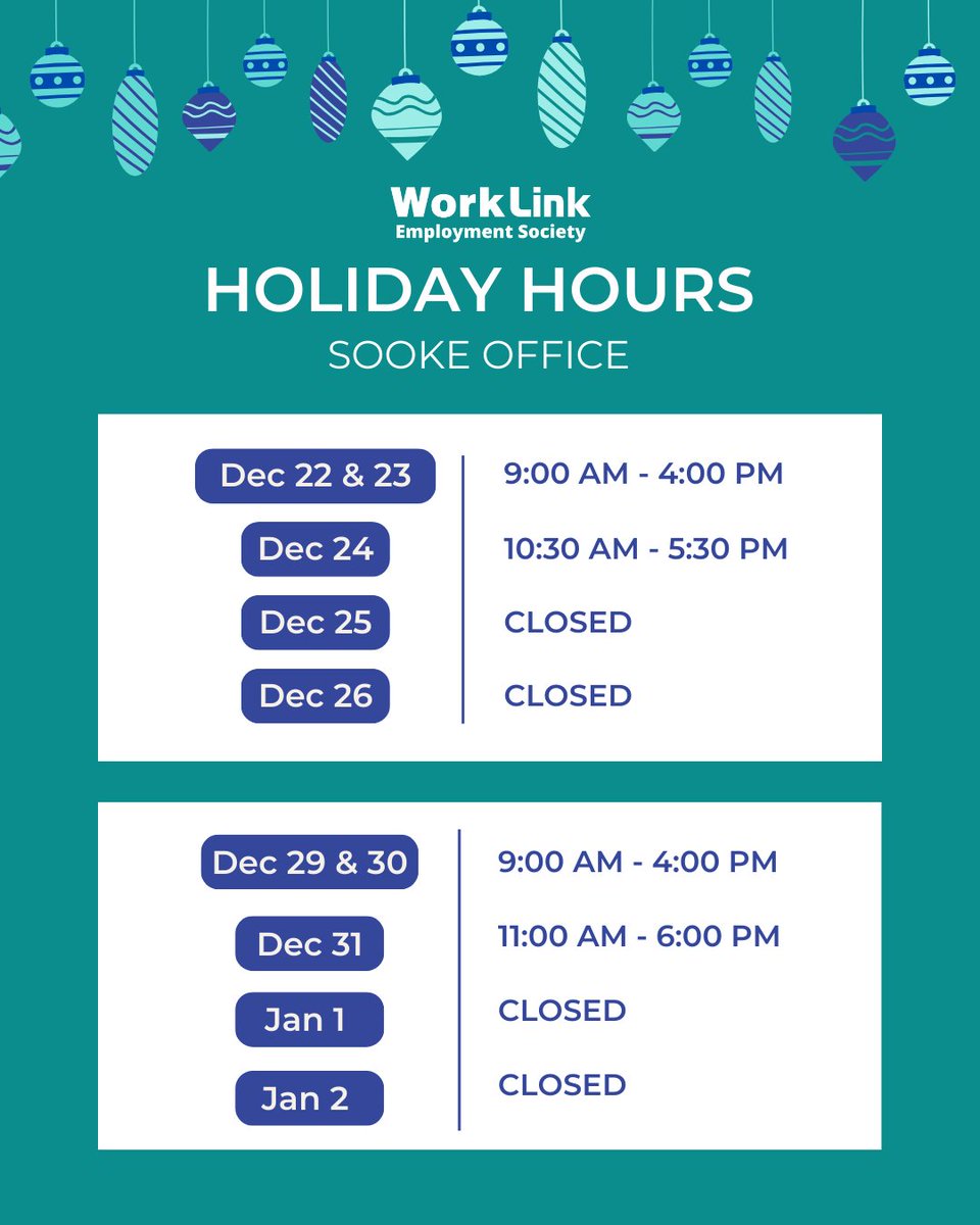 Worklink's tweet image. 🎄 WorkLink Holiday Hours ✨

Please note our Westshore and Sooke offices will have adjusted hours over the holiday season. 

#WorkLink #HolidayHours