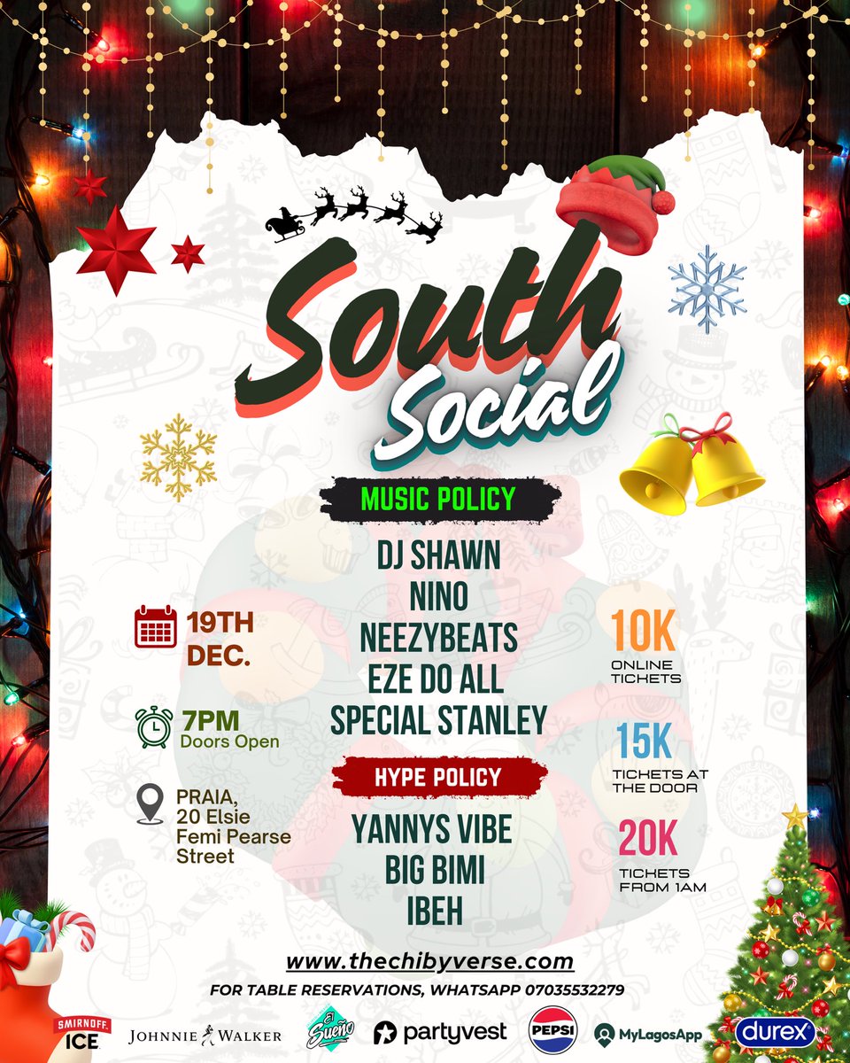 Detty December, Chapter 3.
South Socials is back again 🥳❣️

Music: <a href="/DeeJayShawn_/">DJ Shawn</a> | <a href="/boy_niino/">eninomeh</a> | <a href="/SpecialSTANLEY_/">Special</a> | <a href="/iam_neezy/">Ade👑</a> | <a href="/ezedoall/">🤴🏽</a>  
Hypemen: Big Bimi | <a href="/Yannysvibe/">King of Vibes 👑</a> | <a href="/DavidEbukae/">IBEH</a> 

Thechibyverse.com for tickets 🎟️ 
WhatsApp 07035538279 for Table reservations.