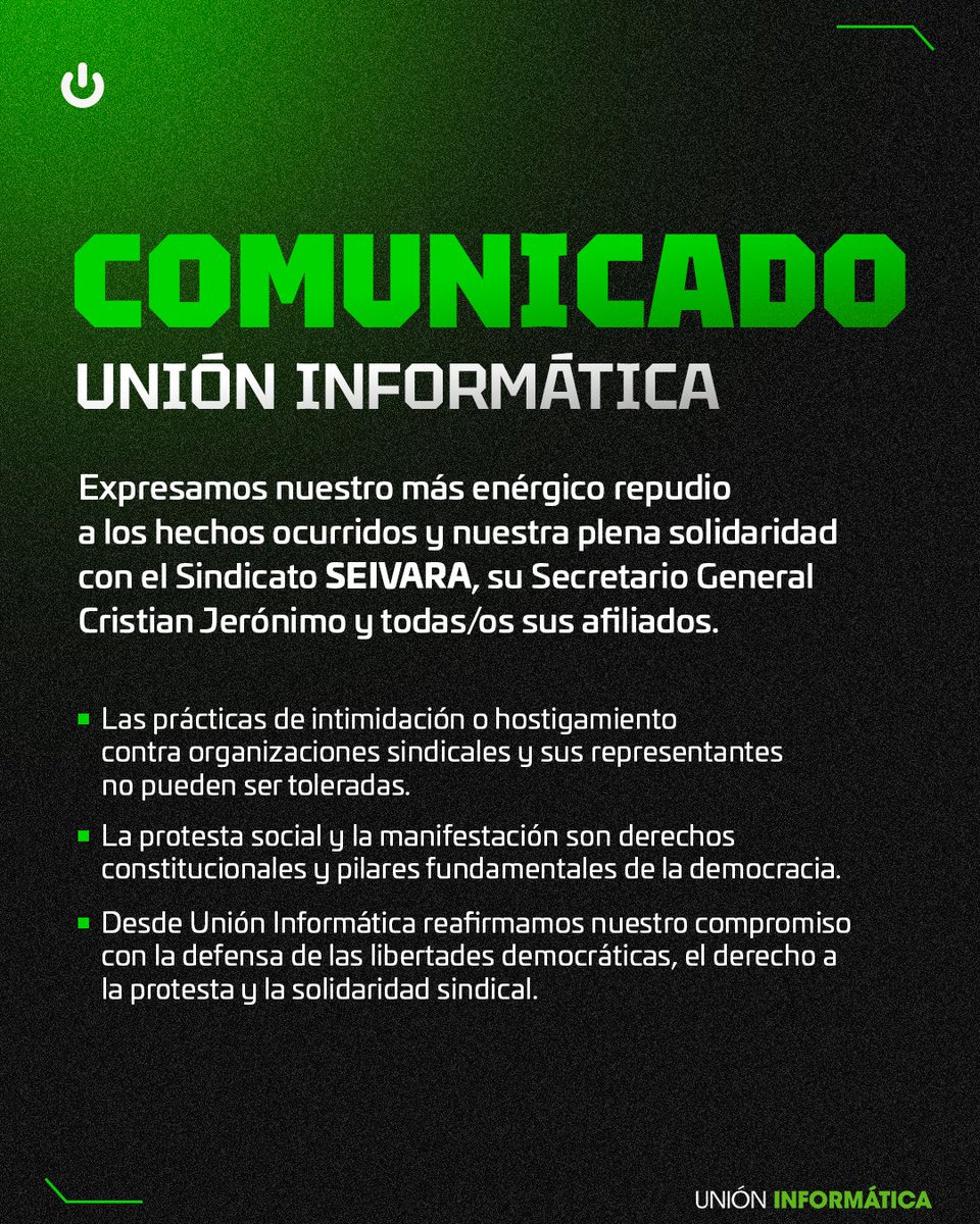 Desde Unión Informática expresamos nuestro repudio a los hechos ocurridos y nuestra solidaridad con el Sindicato SEIVARA y su Secretario General Cristian Jerónimo.

La protesta social es un derecho constitucional.
No a la intimidación ni al hostigamiento sindical.

💚 Unidad y