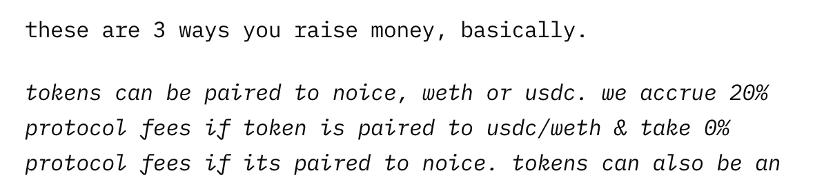 a few people in the dms asking if all noice launches are supposed to be $noice paired. the answer is no.

if they're $noice paired, there's no protocol fee.
if they're $eth or $usdc paired, there's 20% protocol fee

building ICM for all = we have to meet founders where they are