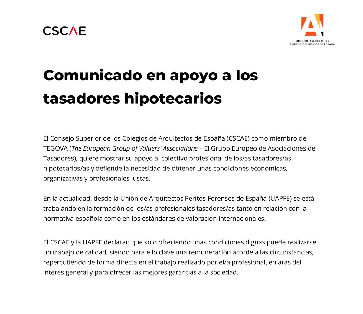 Comunicado en apoyo a los tasadores hipotecarios

➡️ cscae.com/index.php/csca…