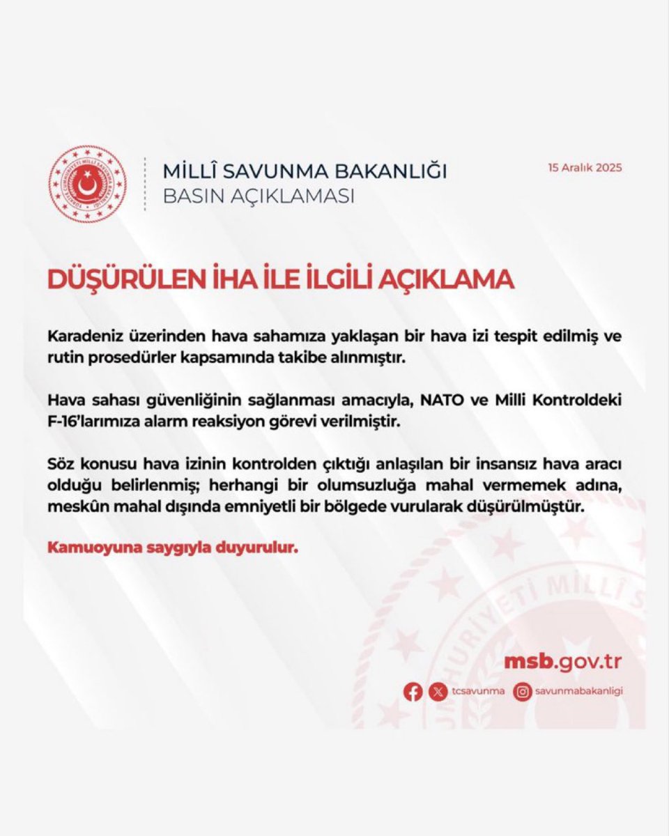 SON DAKİKA | Milli Savunma Bakanlığı: 

"Karadeniz'de hava sahamıza yaklaşan bir İHA, F-16'larımız tarafından düşürüldü."

#FBvKNY Fenerbahçe-Konyaspor