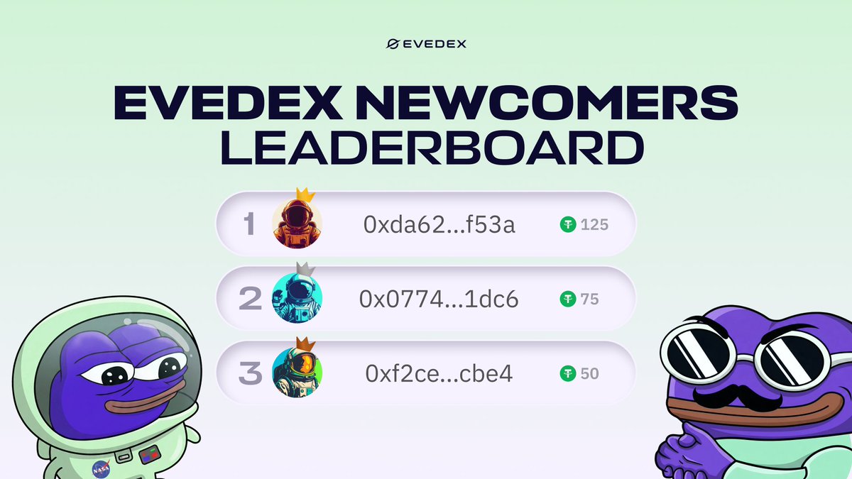 Last week’s top newcomers:

1. 0xda62...f53a 👨🏻‍🚀
2. 0x0774...1dc6 👽
3. 0xf2ce...cbe4 👾

The trading competition is live. Register on EVEDEX to start earning USDT rewards in your first week.